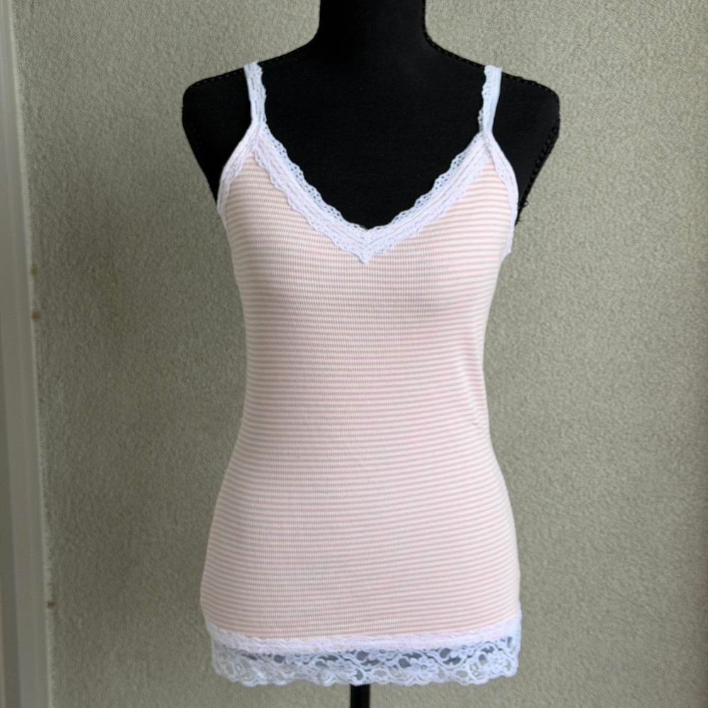 Just Polly Pink & white striped lace trim tank top Size M NWT